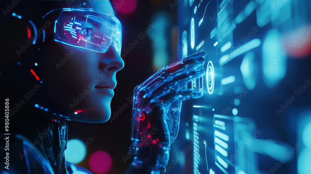 Poster a cybernetic robot works with a virtual hud interface in augmented reality. the humanoid robot, feat