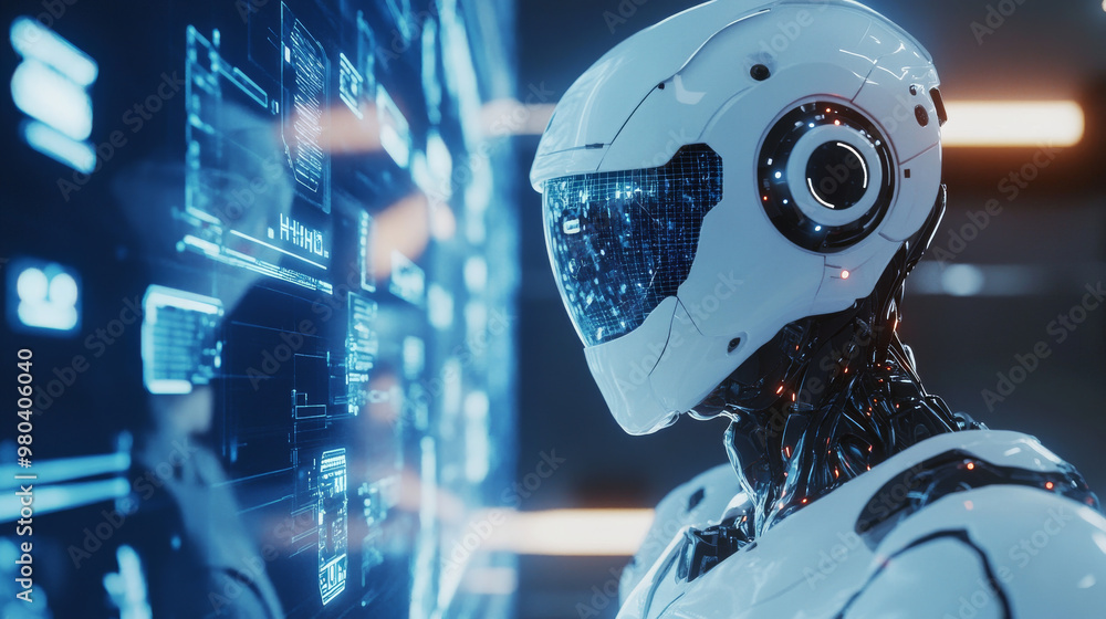 Poster a cybernetic robot works with a virtual hud interface in augmented reality. the humanoid robot, feat