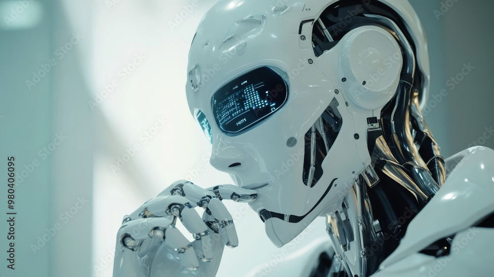 Poster a cybernetic robot works with a virtual hud interface in augmented reality. the humanoid robot, feat