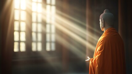 A serene scene of a monk in meditation, bathed in soft sunlight, symbolizing peace and mindfulness in a tranquil environment.