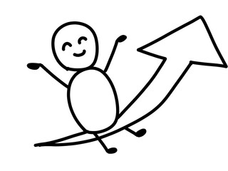 上向きの矢印に乗る人のゆるいイラスト