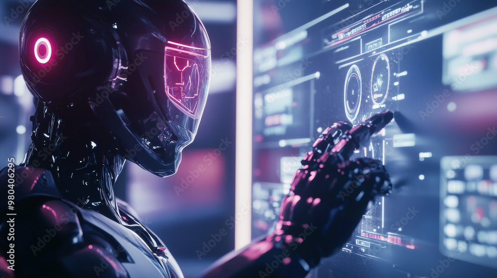 Poster a cybernetic robot works with a virtual hud interface in augmented reality. the humanoid robot, feat