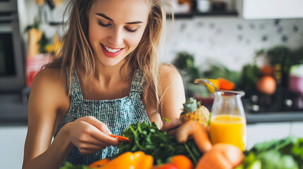 A vibrant assortment of fresh vegetables and fruits, including leafy greens, tomatoes, carrots, berries, apples, and citrus, beautifully arranged to showcase their colors, textures, and natural health