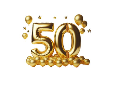 Golden balloon with the anniversary number 50 and stars on a transparent background - Powered by Adobe