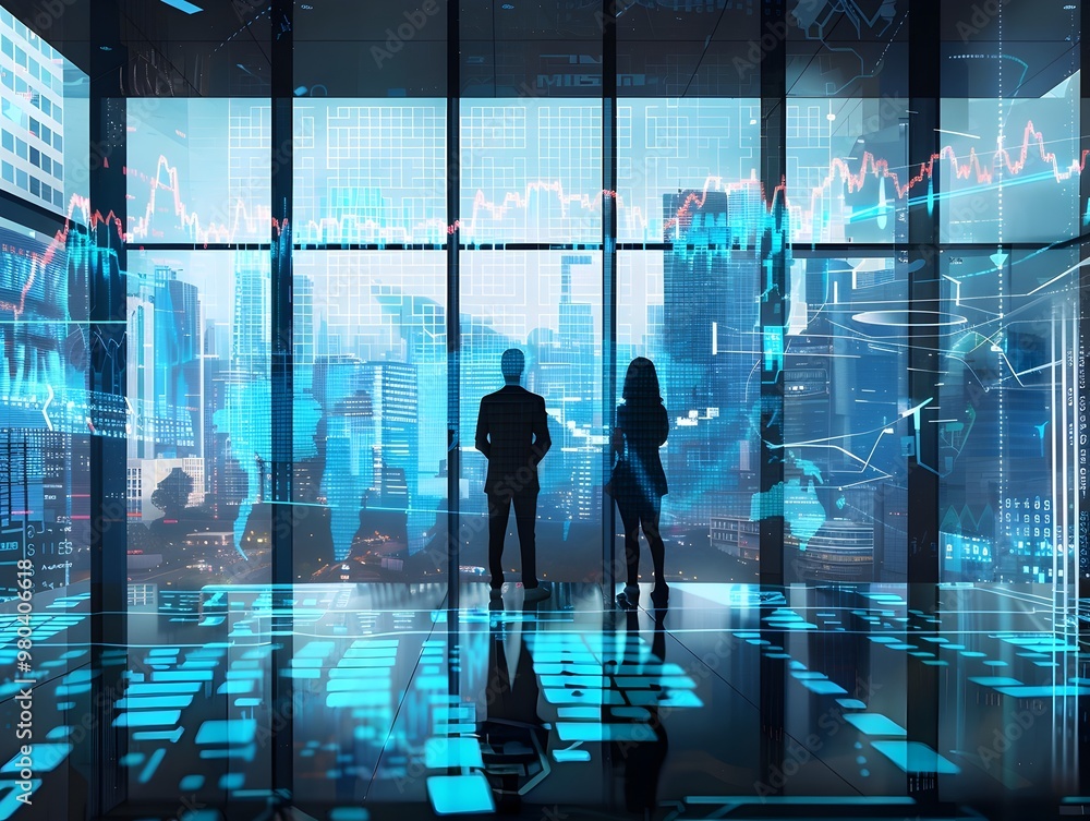 Poster ai enhanced financial reporting with detailed data visualizations in a high tech corporate office