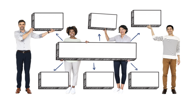 Businesspeople holding png mind maps, transparent background