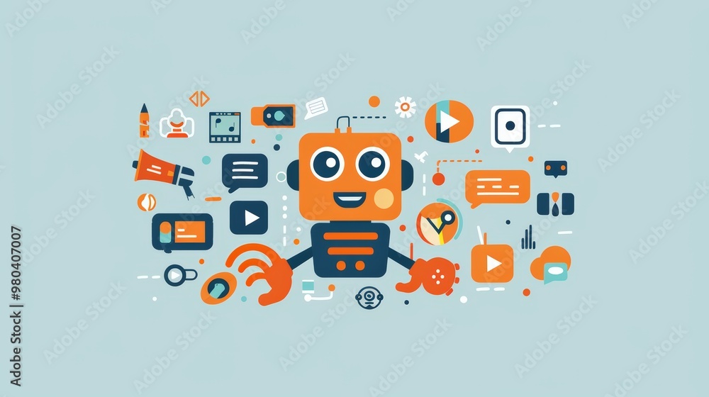 Poster illustration of an ai robot character surrounded by various digital icons and symbols