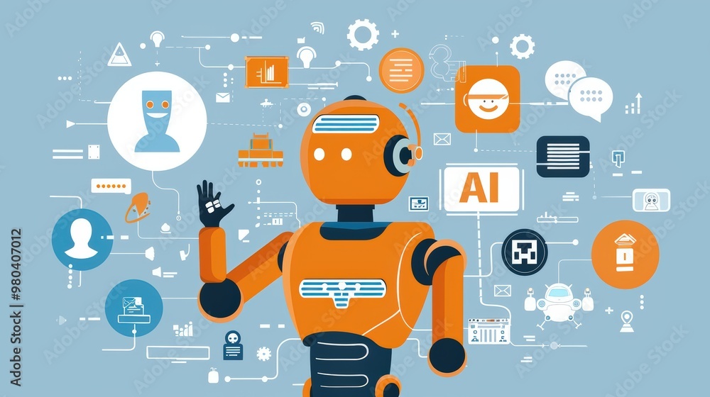 Poster illustration of an ai robot character surrounded by various digital icons and symbols