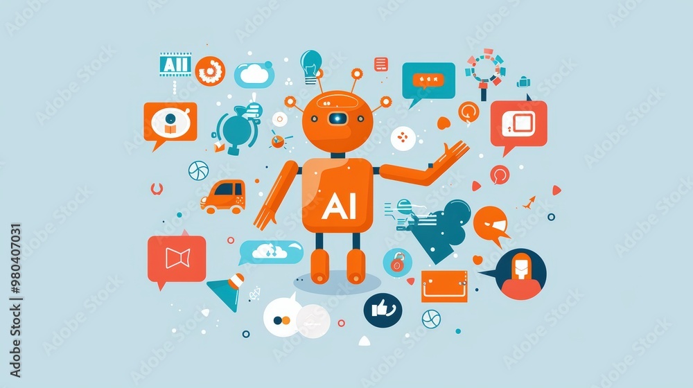 Poster illustration of an ai robot character surrounded by various digital icons and symbols
