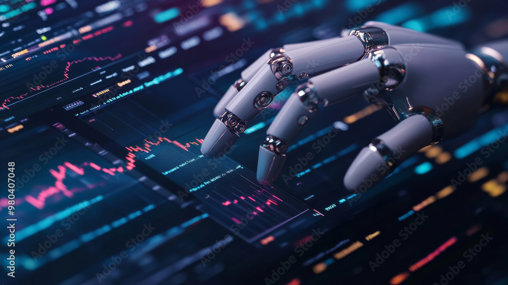 Poster a robot or cyborg hand taps on a chart displaying trading data from the forex stock exchange. the ap
