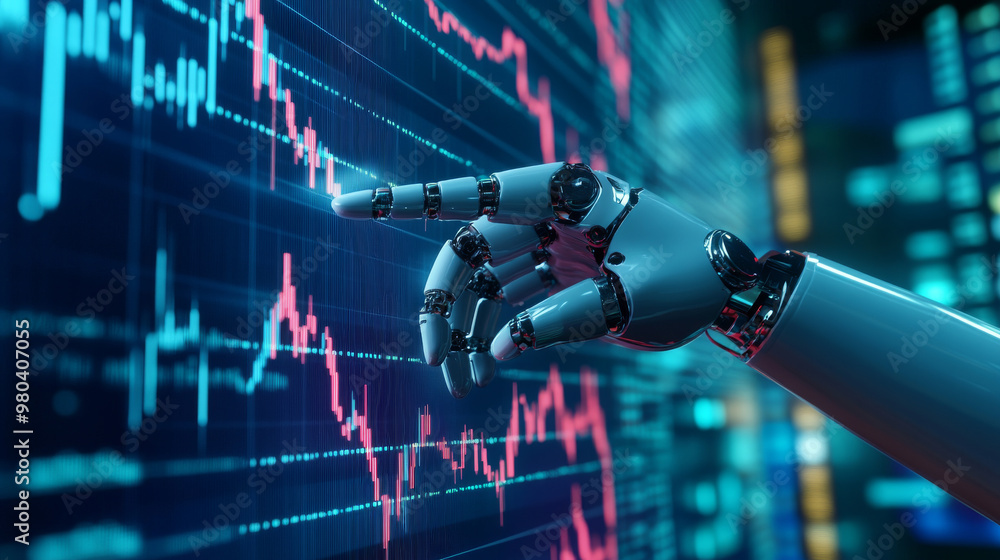 Poster a robot or cyborg hand taps on a chart displaying trading data from the forex stock exchange. the ap