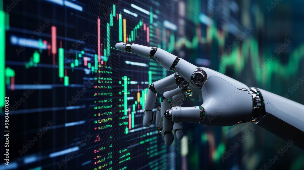 Poster a robot or cyborg hand taps on a chart displaying trading data from the forex stock exchange. the ap