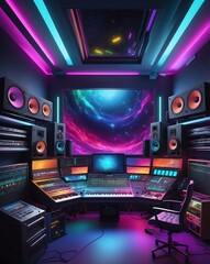 Abstract recording space with modern equipment and vibrant colors