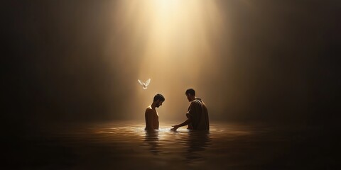 A wide shot of the face of Jesus as he is baptised by John the Baptist