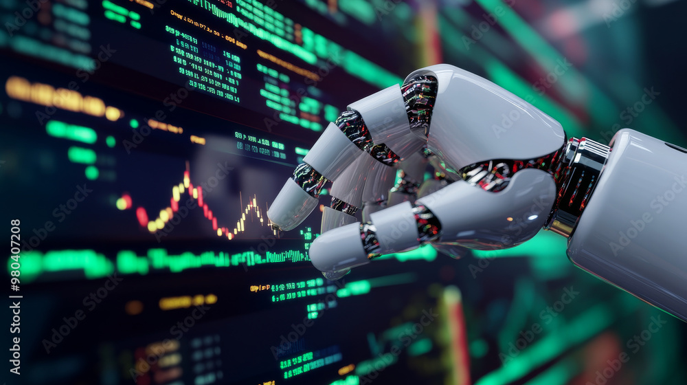 Poster a robot or cyborg hand taps on a chart displaying trading data from the forex stock exchange. the ap