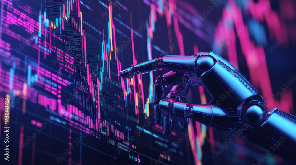Poster a robot or cyborg hand taps on a chart displaying trading data from the forex stock exchange. the ap