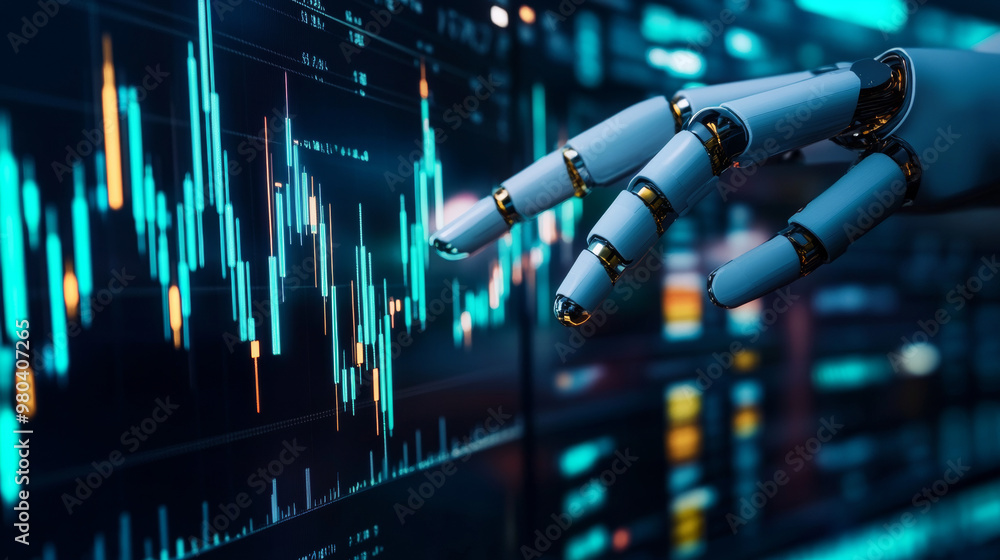Poster a robot or cyborg hand taps on a chart displaying trading data from the forex stock exchange. the ap