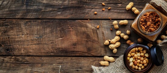 Peeled Peanuts In A Bottle The Bottle Cap Black Put On A Wooden Table Ingredients Of Peanut Butter Healthy Food Top View And Copy Space