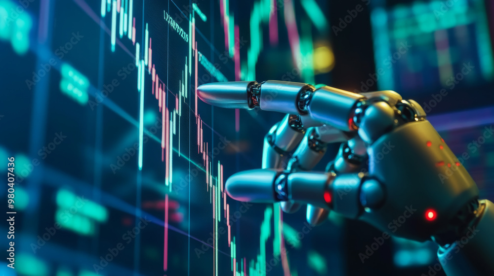 Poster a robot or cyborg hand taps on a chart displaying trading data from the forex stock exchange. the ap