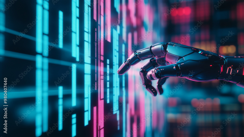Poster a robot or cyborg hand taps on a chart displaying trading data from the forex stock exchange. the ap