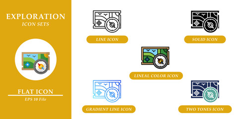 Fototapeta premium Exploration icons sets. Nature environment concept. Various style icons on isolated background for web design, symbol, sign, presentation, and infographics. EPS 10. 