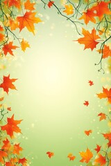 Autumn leaves in vibrant hues of orange and yellow framing a soft green background in a serene nature setting during fall
