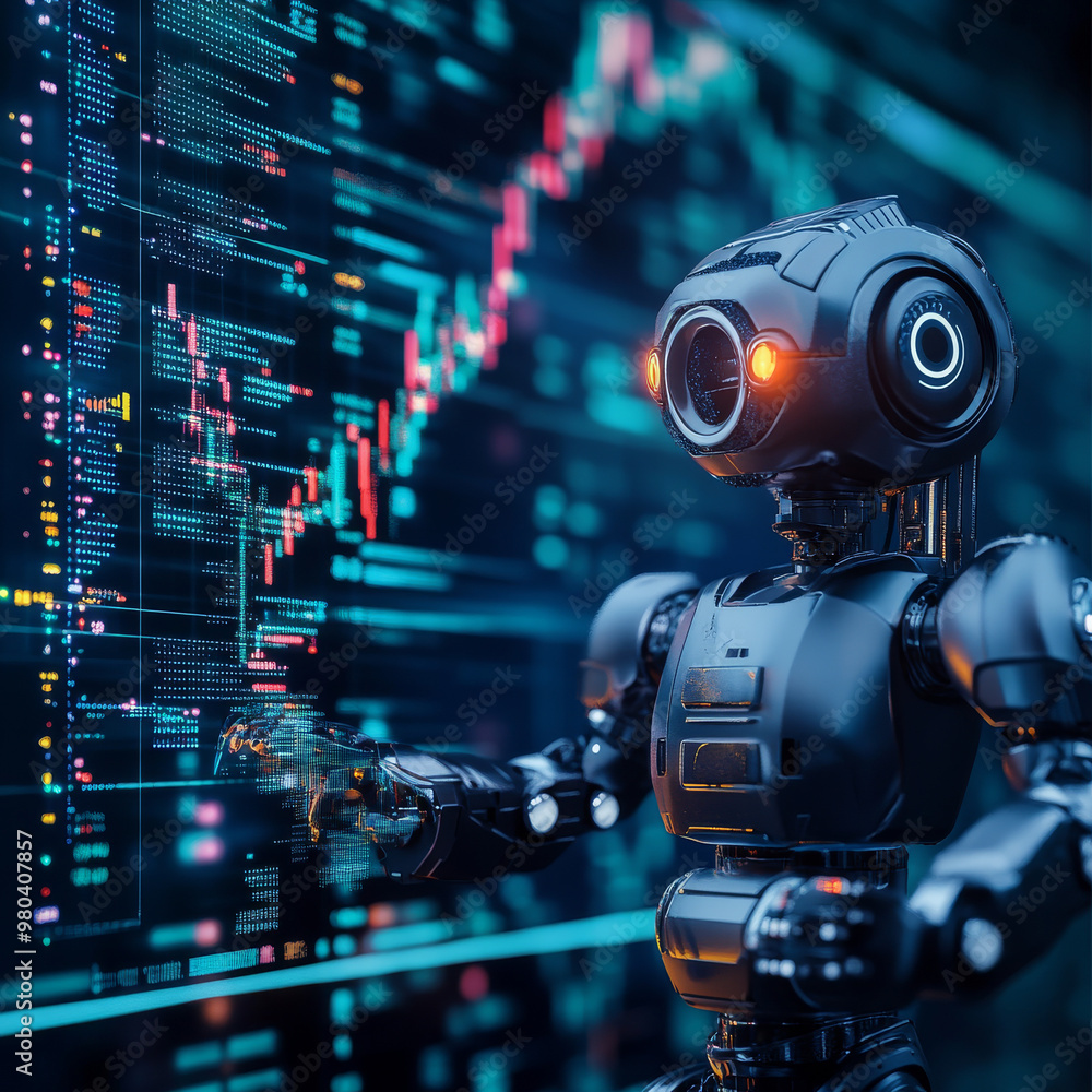 Poster a robot trader assistant operates in the forex market, using an automated trading system. it leverag