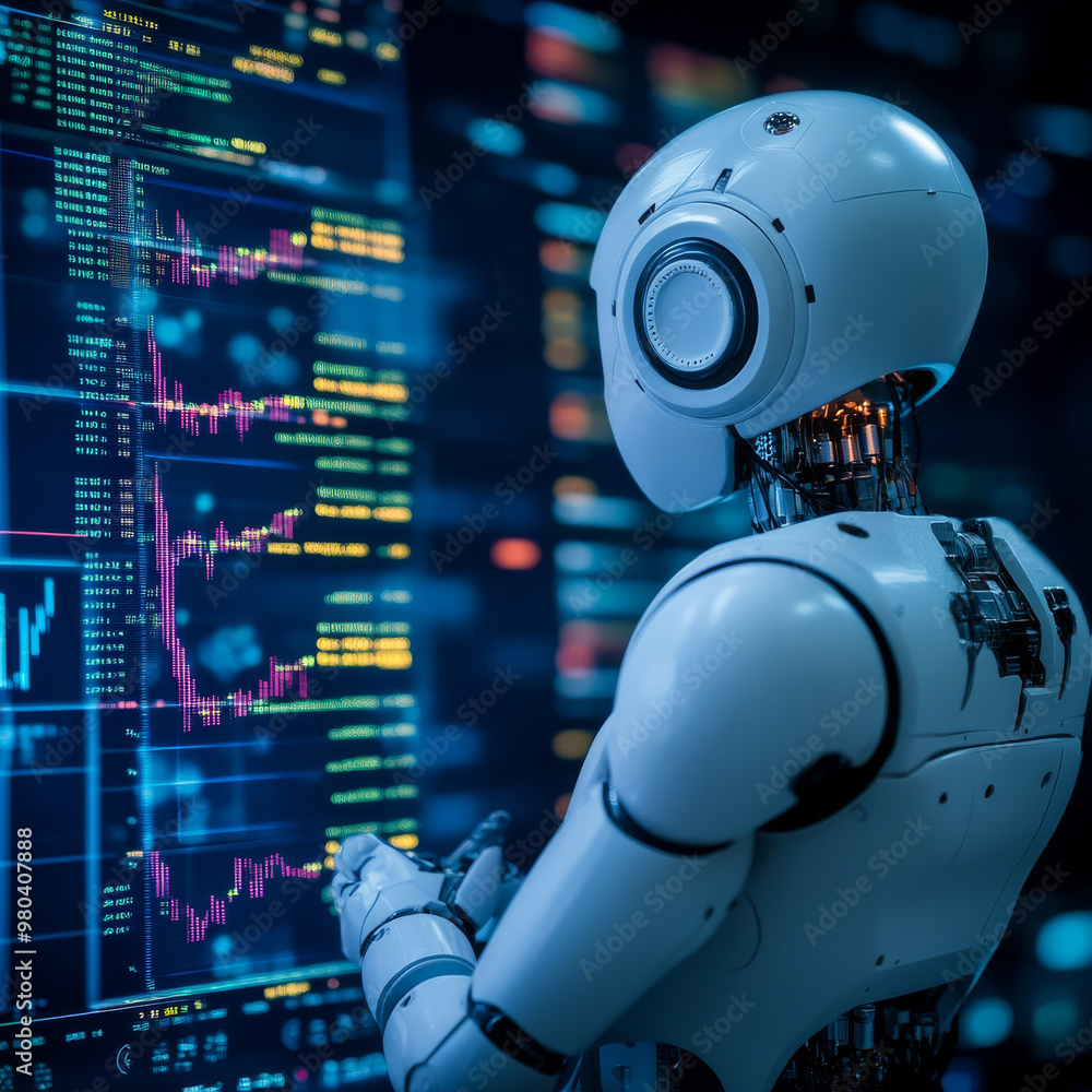 Poster a robot trader assistant operates in the forex market, using an automated trading system. it leverag