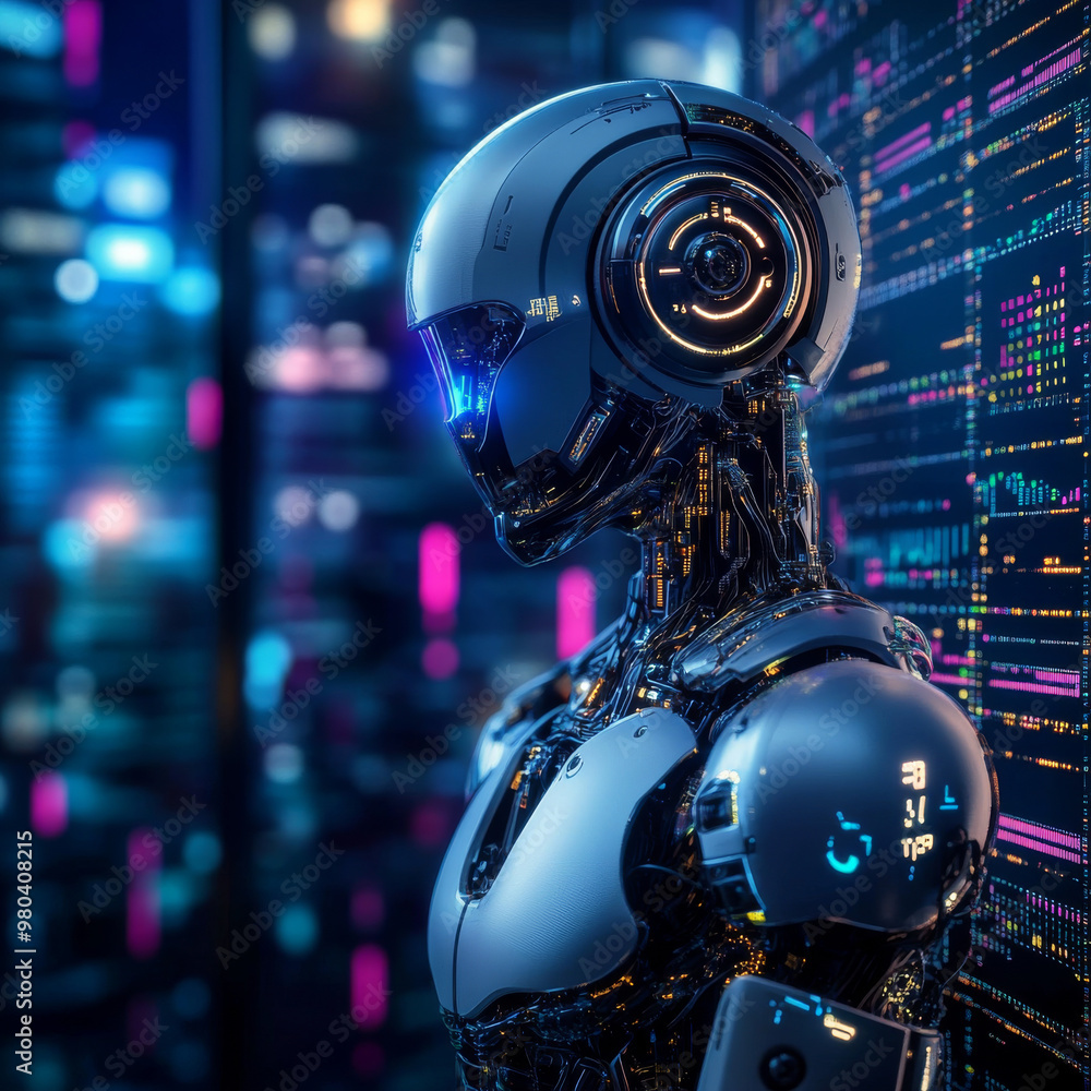 Poster a robot trader assistant operates in the forex market, using an automated trading system. it leverag