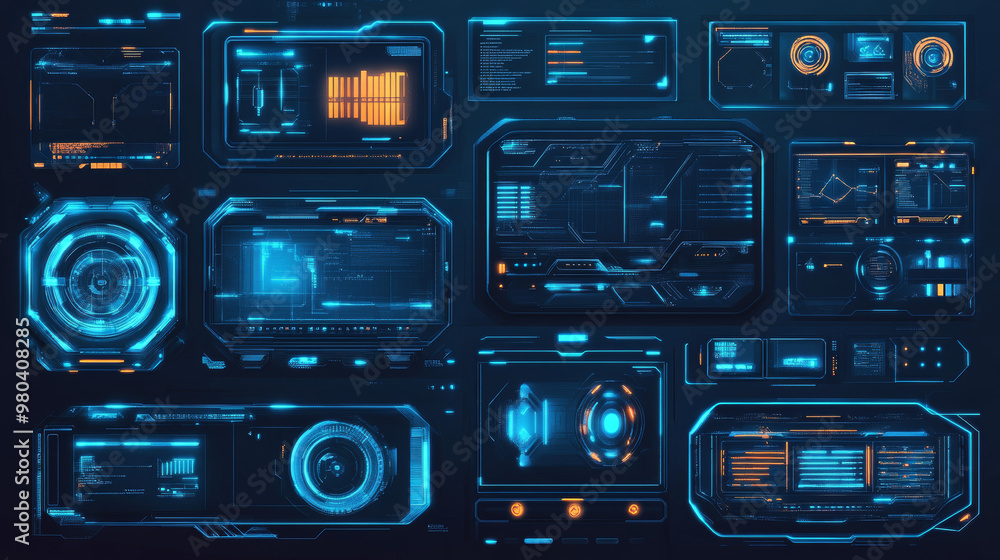 Poster collection of sci-fi contemporary user interface components. digital advanced hud interface panels, 