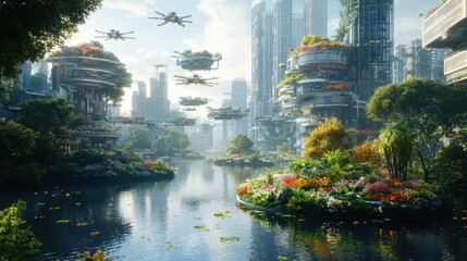A group of AI-powered drones tending to a floating garden in the middle of a futuristic city’s river. The garden, filled with vibrant flowers and plants, thrives in harmony with the technological 