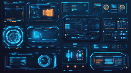 Collection of Sci-Fi Contemporary User Interface Components. Digital advanced HUD interface panels, holographic high-tech displays on an isolated background. Sci-Fi display panels for gaming. Advanced