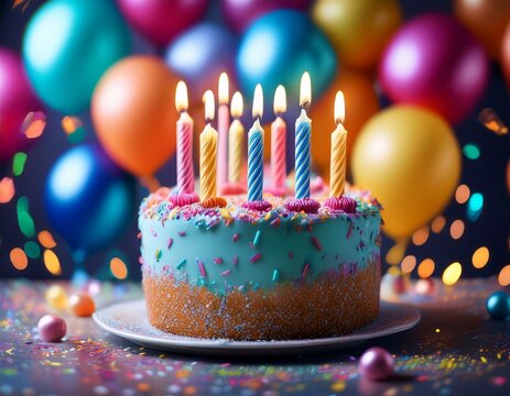 Primer plano de un pastel de cumplea&ntilde;os colorido con velas encendidas y decoraci&oacute;n de glaseado brillante. El fondo est&aacute; desenfocado con confeti y globos de colores, creando una sensaci&oacute;n festiva.