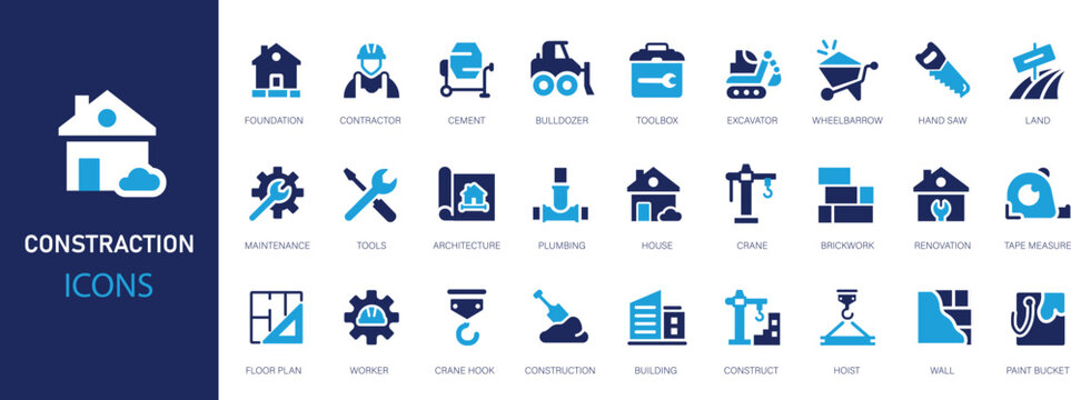 Construction icons set. Flat web icon set construction, home repair tools. Construction vehicle, elements, tools.