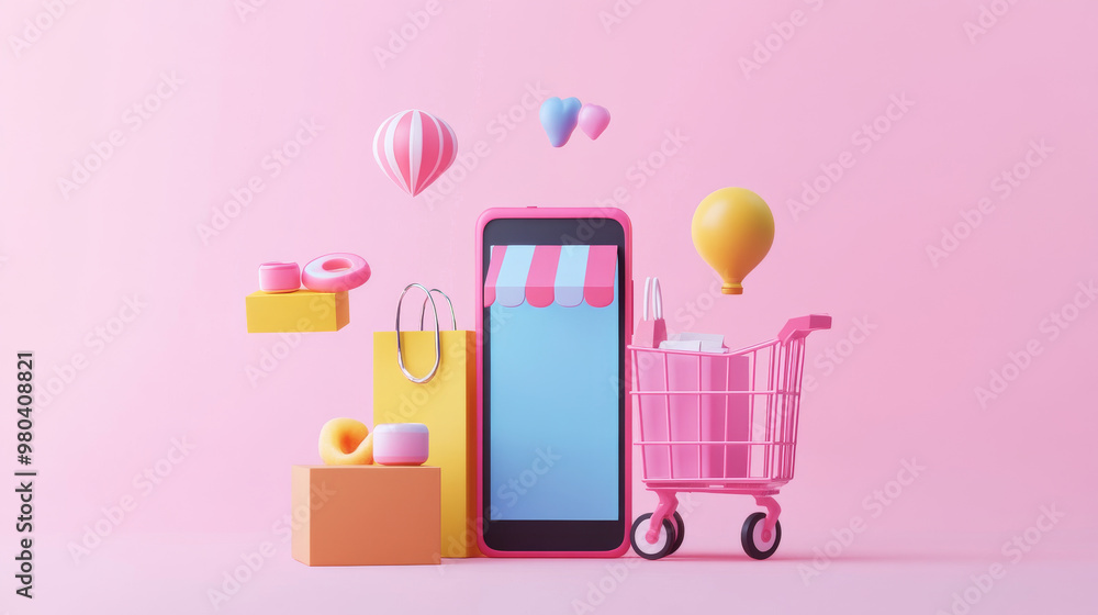 Poster online shopping. internet store accessed via mobile phone. e-commerce service on smartphone browser 