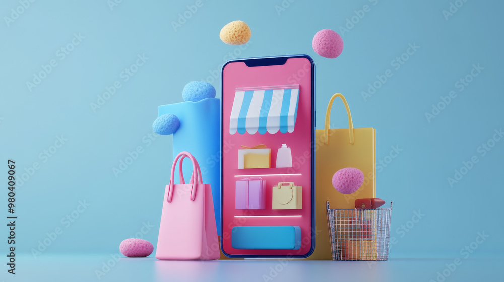 Poster online shopping. internet store accessed via mobile phone. e-commerce service on smartphone browser 