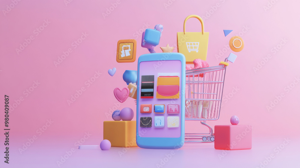 Poster online shopping. internet store accessed via mobile phone. e-commerce service on smartphone browser 