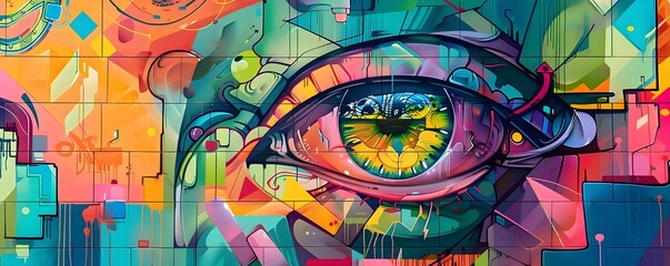 Vibrant AI Enhanced Street Art Mural with Psychedelic Digital Elements