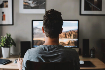 rear view of man using modern computer at home office