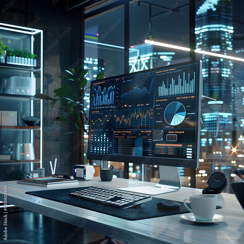 Poster futuristic virtual workspace with ai powered financial analytics and real time data visualization