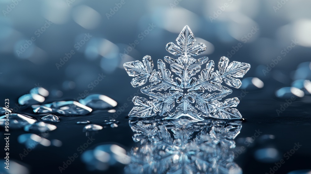 Poster macro photography of a single snowflake on blue background with reflection