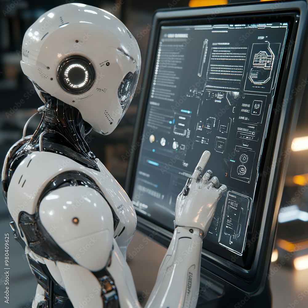 Poster a robot with ai stands with its back to the viewer, interacting with an industrial 3d virtual interf
