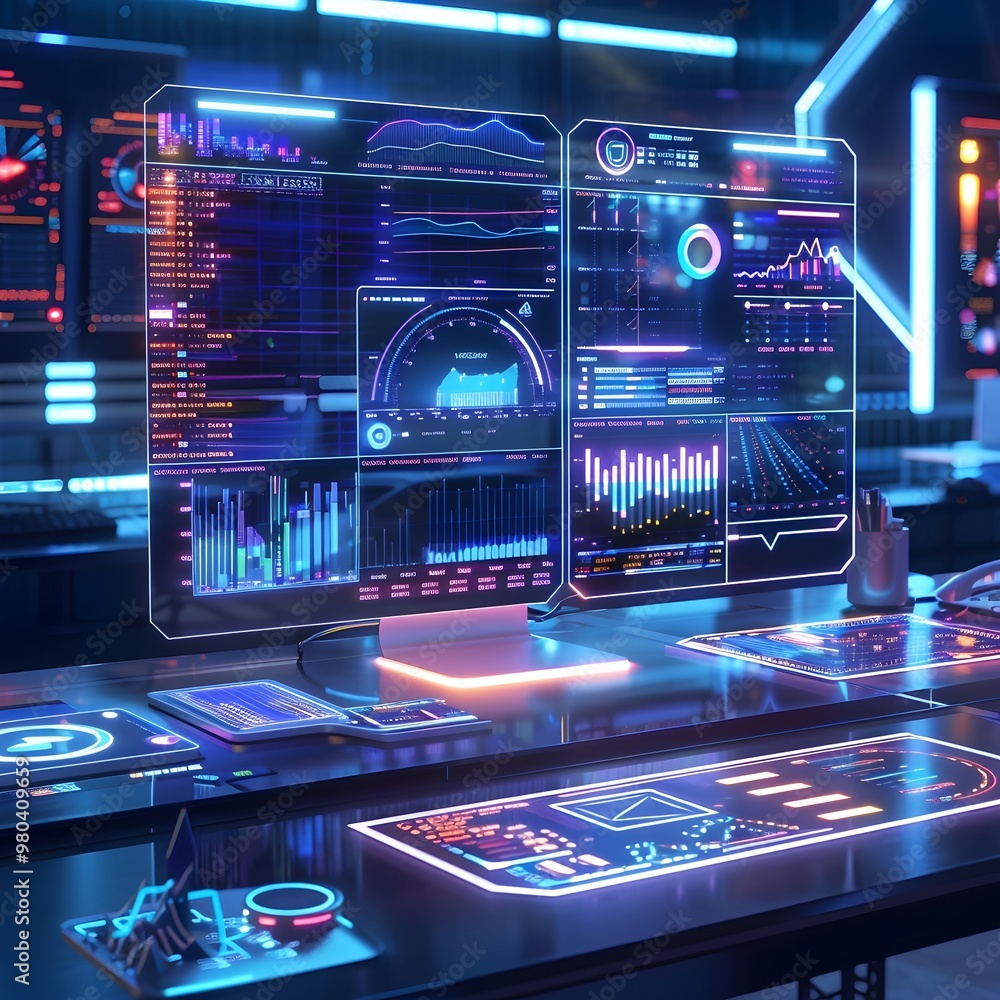 Aufkleber futuristic virtual workspace with ai powered financial analysis dashboards and real time data visual