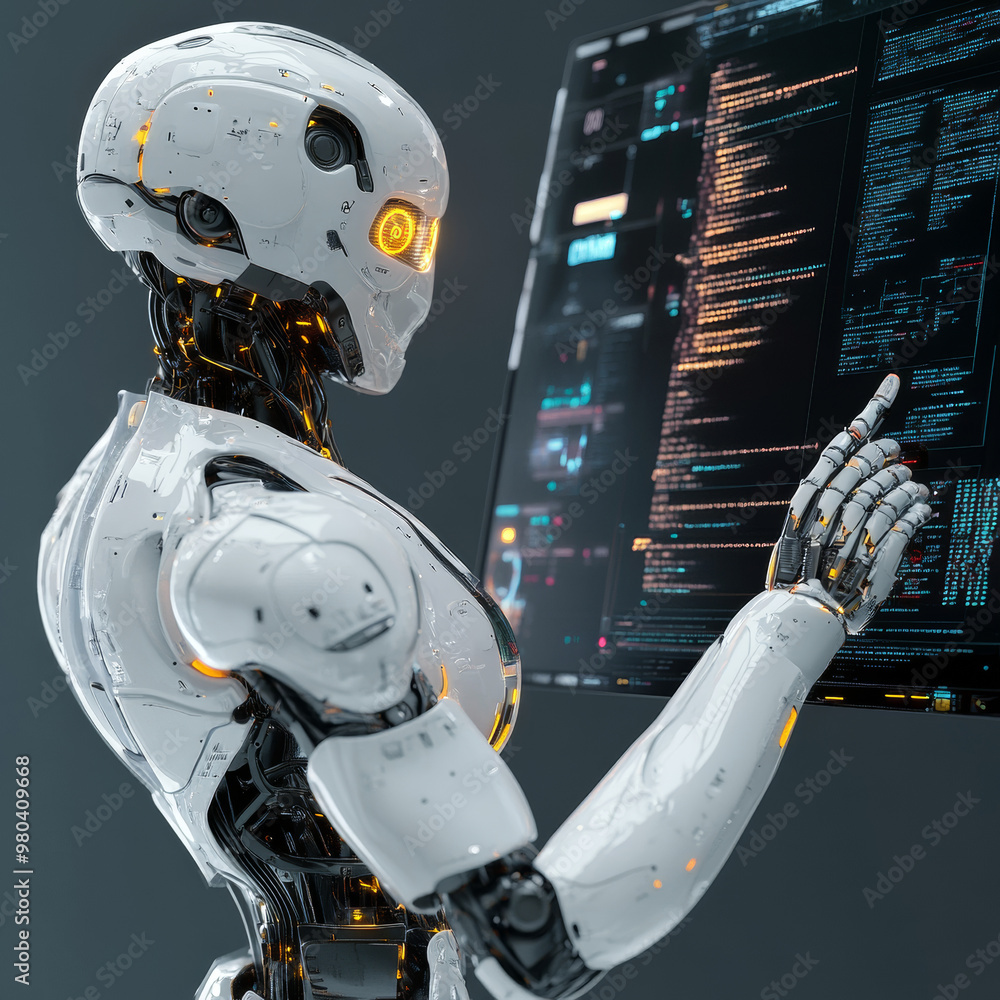 Poster a robot with ai stands with its back to the viewer, interacting with an industrial 3d virtual interf