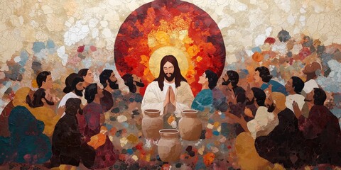 A vibrant scene of Jesus turning water into wine at the wedding in Cana