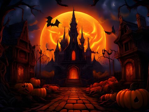 Halloween background with pumpkins, haunted house and moon in the sky