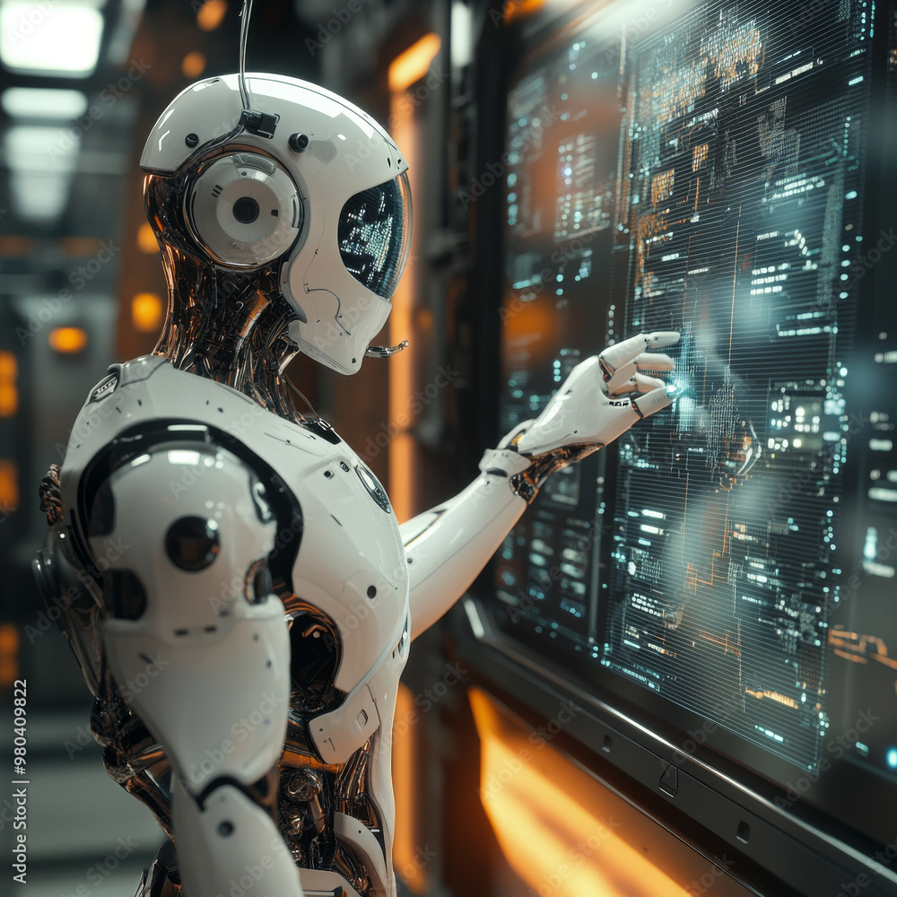Poster a robot with ai stands with its back to the viewer, interacting with an industrial 3d virtual interf