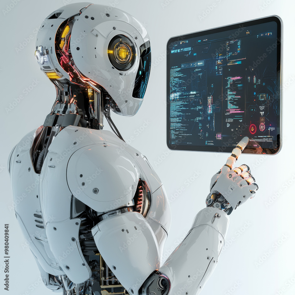 Poster a robot with ai stands with its back to the viewer, interacting with an industrial 3d virtual interf