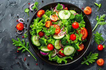 top view of vegetable salad on grey table with copy space