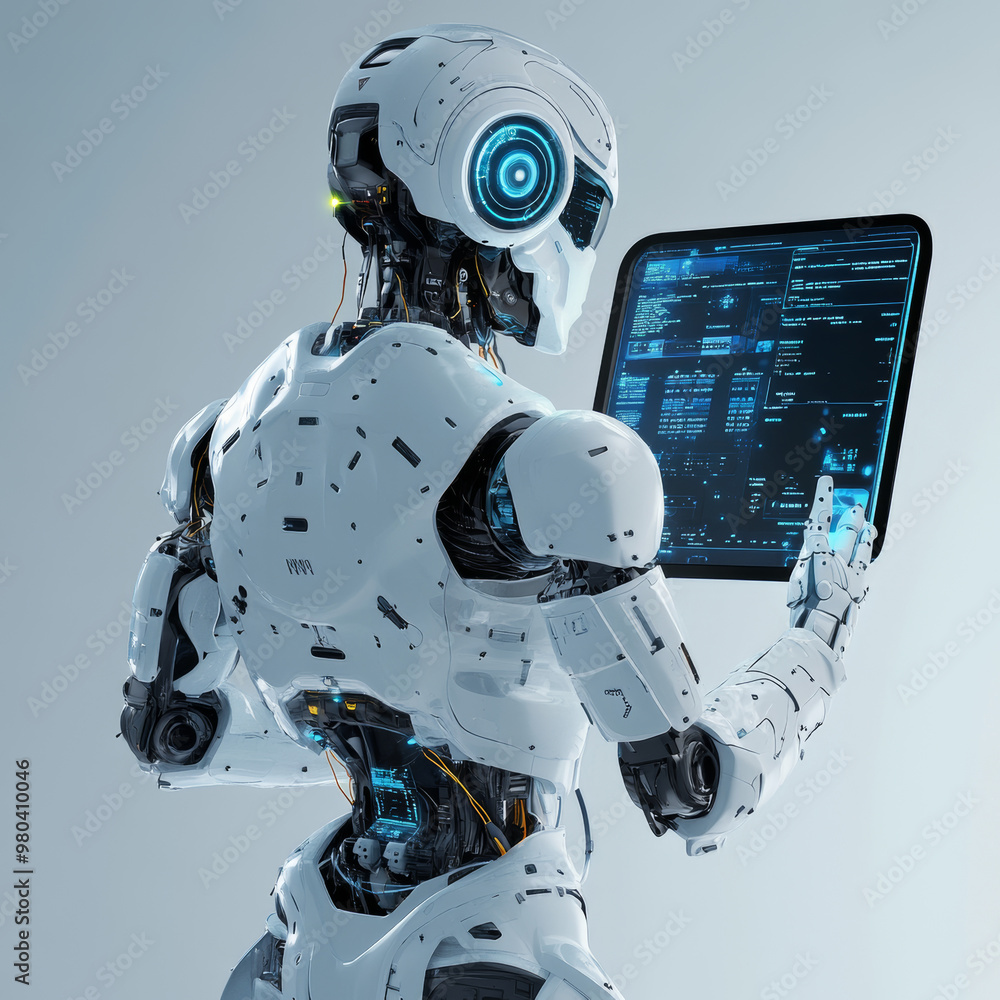 Poster a robot with ai stands with its back to the viewer, interacting with an industrial 3d virtual interf